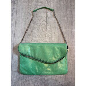 Hobo Green Leather Clutch With Chain Strap & Geometric Lining